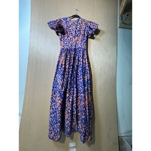 Sika $298 Ruffle Midi Dress‎ Blue Orange Print Flutter Sleeve Midi Casual Party